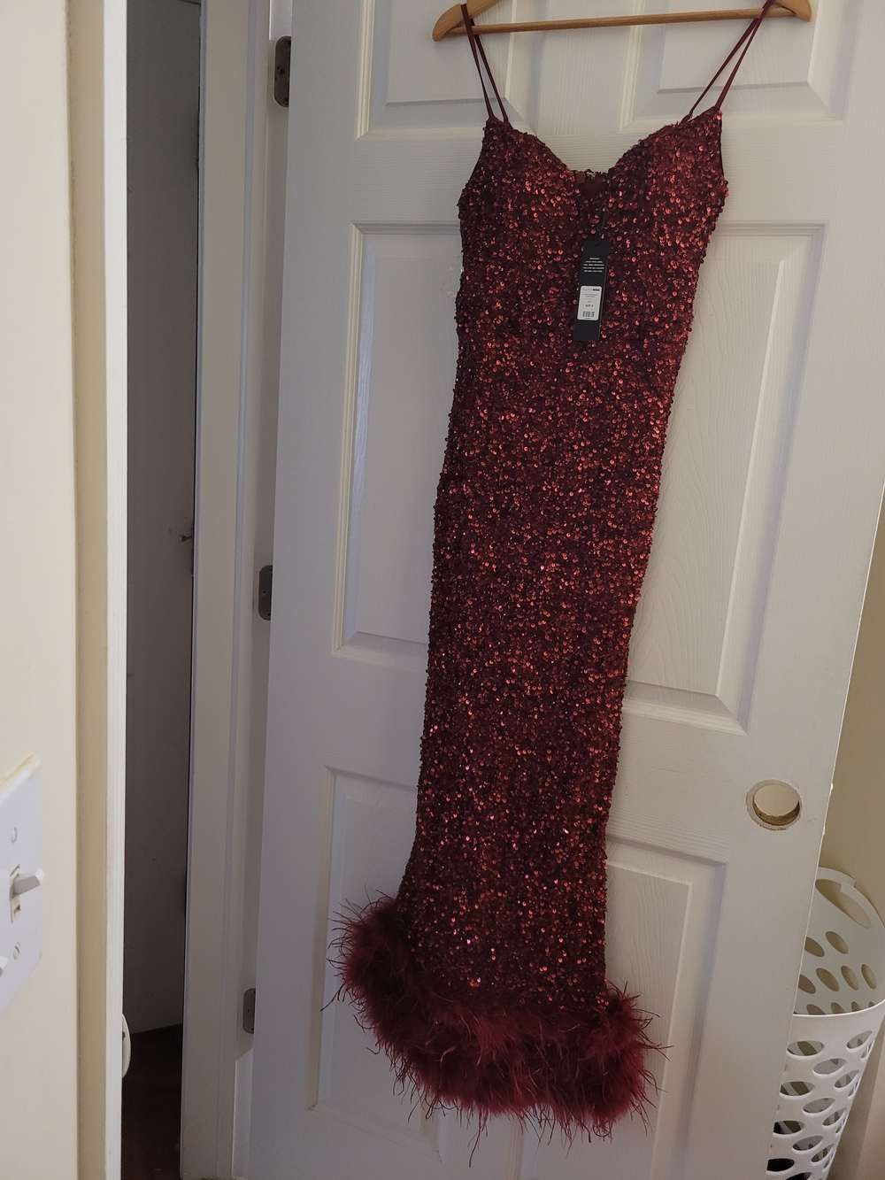 Fashion Nova Burgundy Sequin Feather-Hem Slip Dress